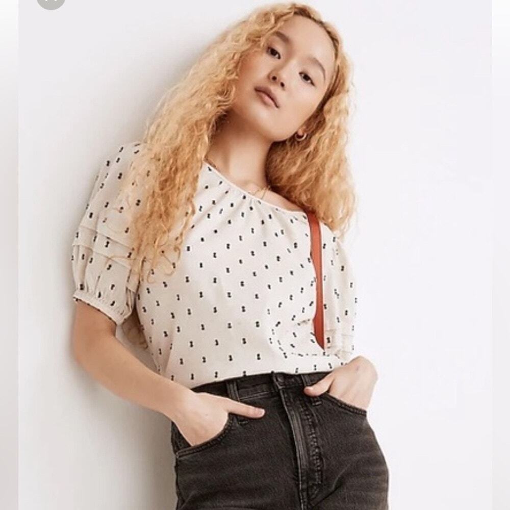 Madewell Clip Dot Puff Sleeve Tie Back Top Ivory Black Polka Dot Cottagecore